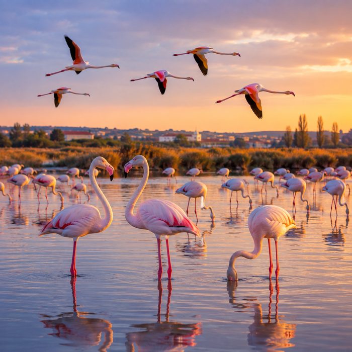 Flamingos wading and flying at sunset in the wetlands near Vila Franca de Xira