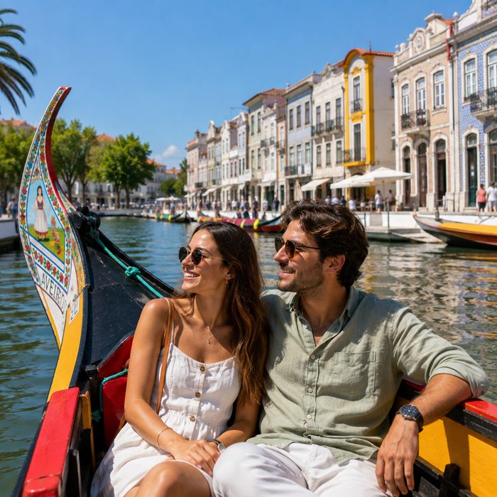 Couple riding a traditional colorful moliceiro boat through the canals of Aveiro