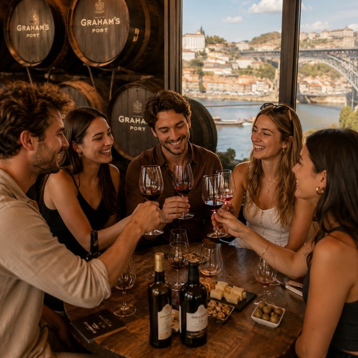 Friends toasting glasses of Port wine in a Vila Nova de Gaia cellar overlooking the Douro and the Dom Luís I Bridge