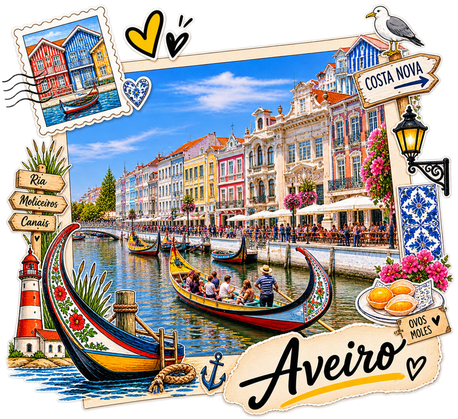 Illustrated collage of Aveiro: colorful moliceiro boats on the canal, Art Nouveau facades, Costa Nova's striped houses, and ovos moles