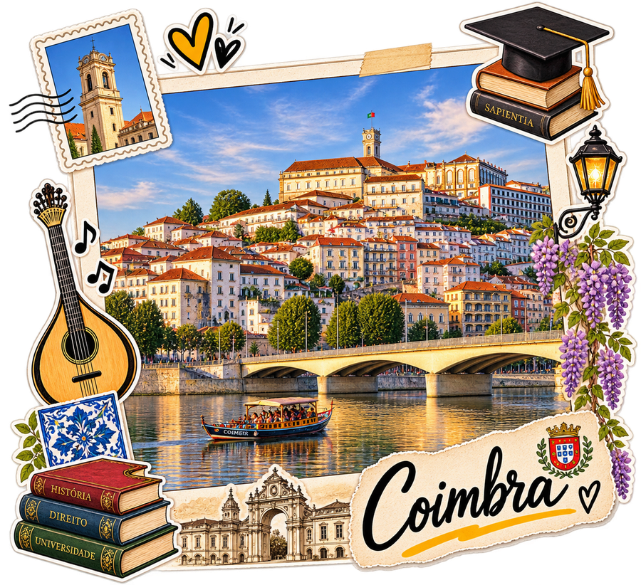 Illustrated collage of Coimbra: the University of Coimbra hilltop, the Mondego riverfront, and stacked history and law textbooks