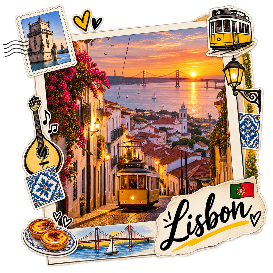 Illustrated collage of Lisbon: Belém Tower, Tram 28 in Alfama, the 25 de Abril Bridge at sunset over the Tagus, and pastéis de nata