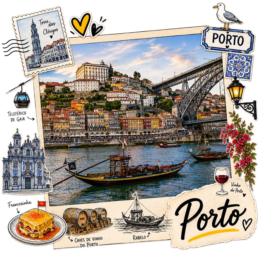 Illustrated collage of Porto: the Ribeira riverfront, Dom Luís I Bridge, a rabelo wine boat, Torre dos Clérigos, and a Francesinha sandwich