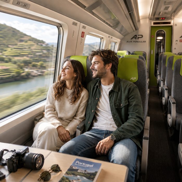 Couple seated together in an Alfa Pendular Turística second-class carriage with green-accented headrests