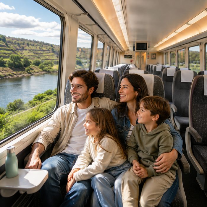 Family of four seated together in an Intercidades Turística second-class carriage with a river view
