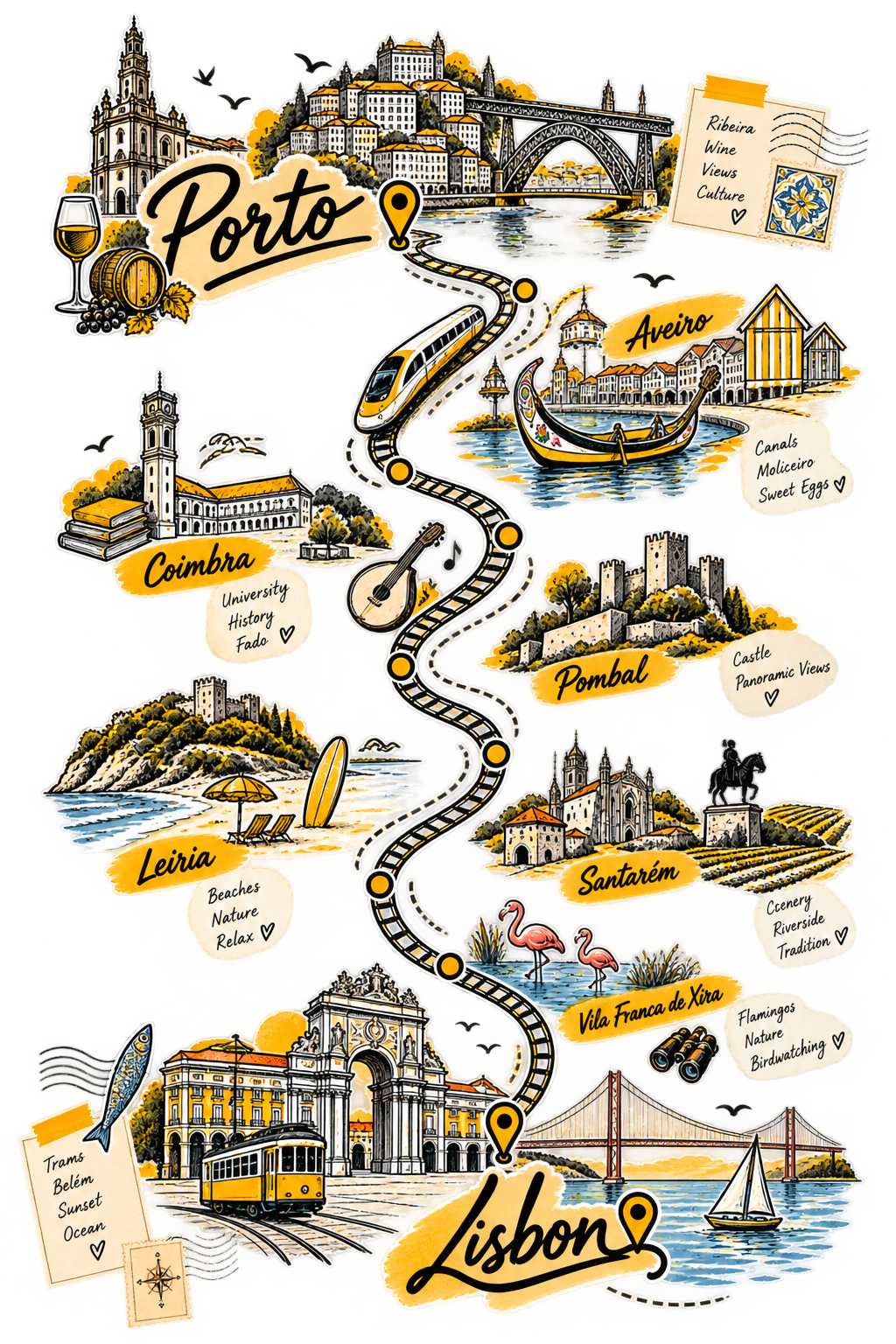 Illustrated map of the Porto to Lisbon train route via Aveiro, Coimbra, Pombal, Leiria, Santarém and Vila Franca de Xira, with an Alfa Pendular train following the rail line between the two cities