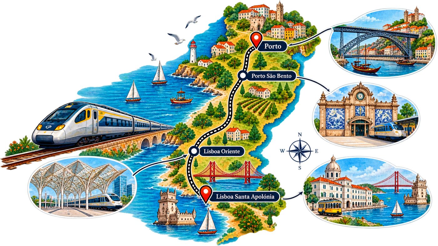 Illustrated map of the Porto to Lisbon train route marking Porto Campanhã, Porto São Bento, Lisboa Oriente and Lisboa Santa Apolónia stations